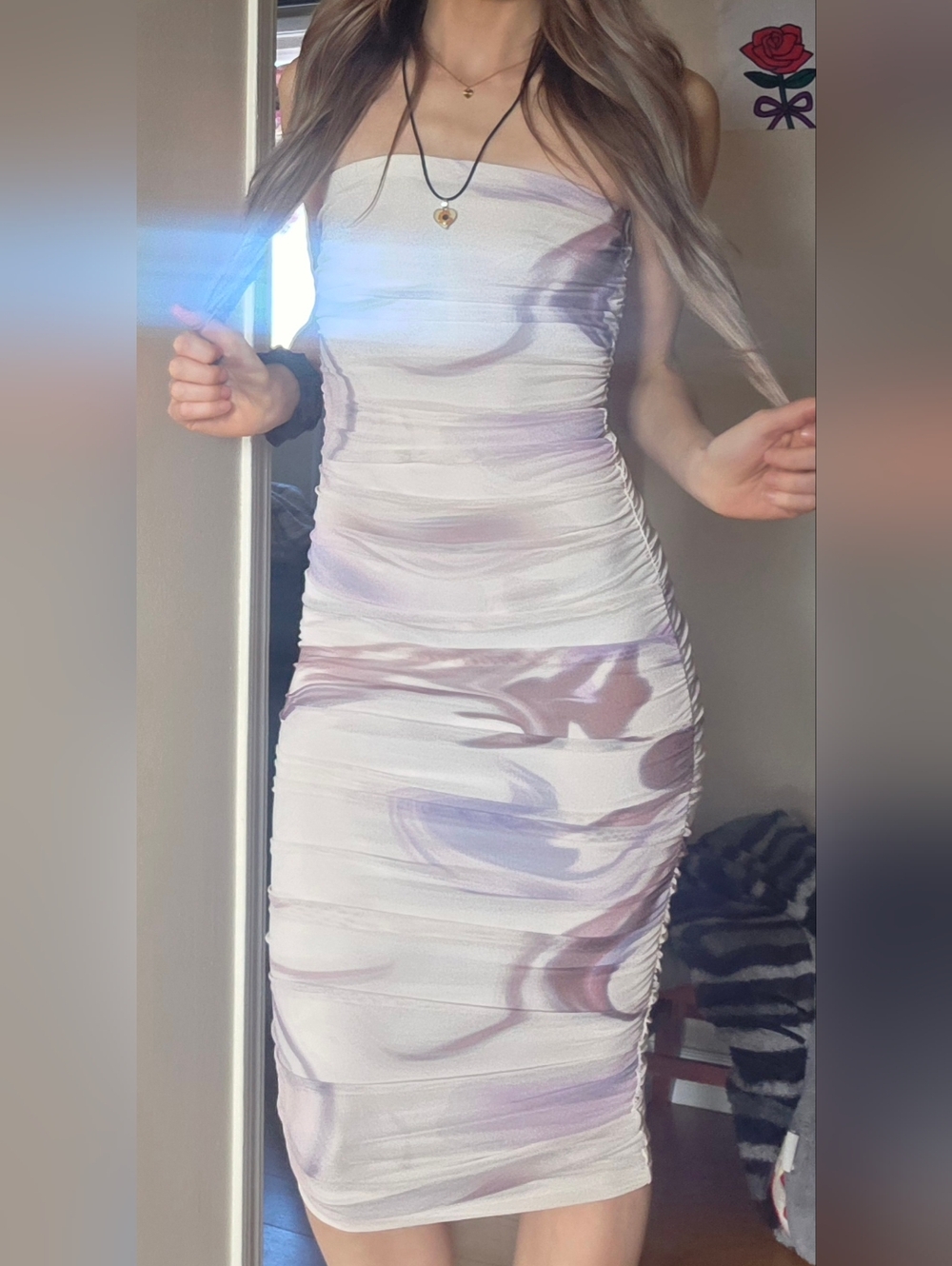 Dynamite Lavender Marble Ruched Midi Dress